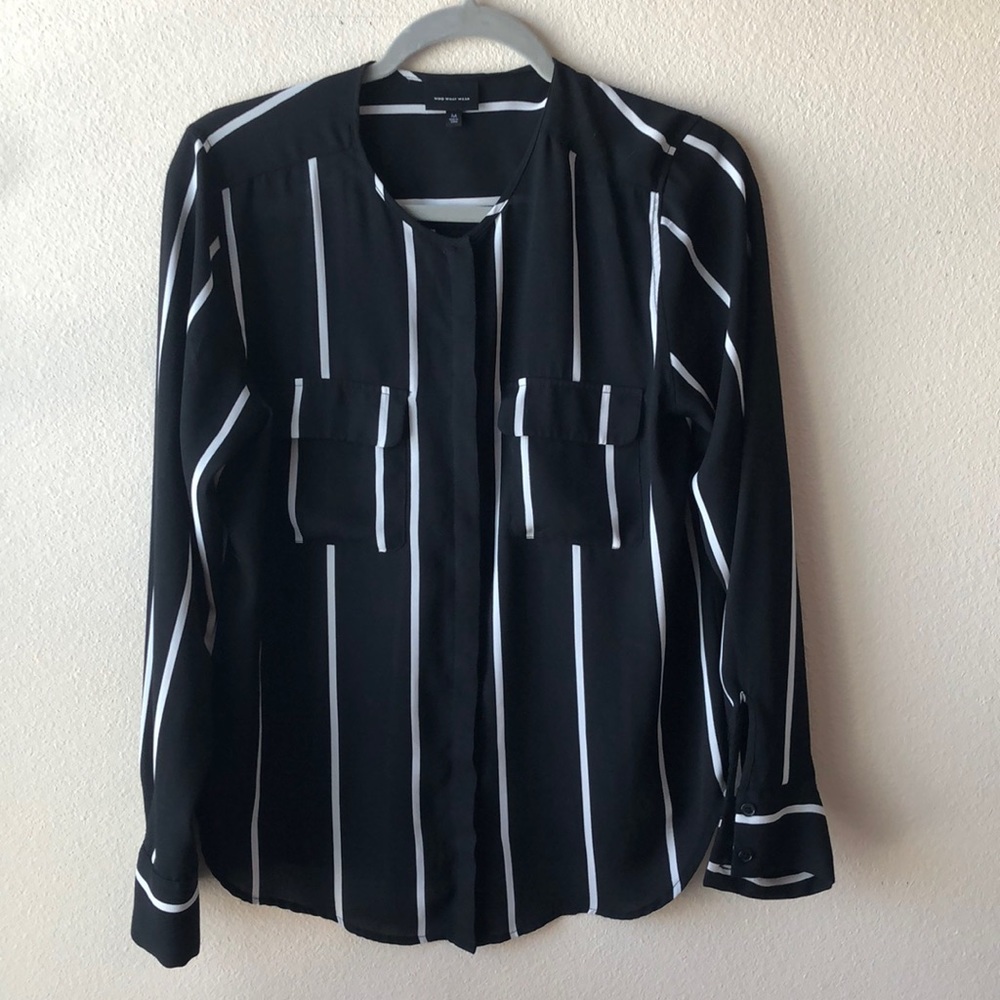 Black White Striped Button Down Blouse